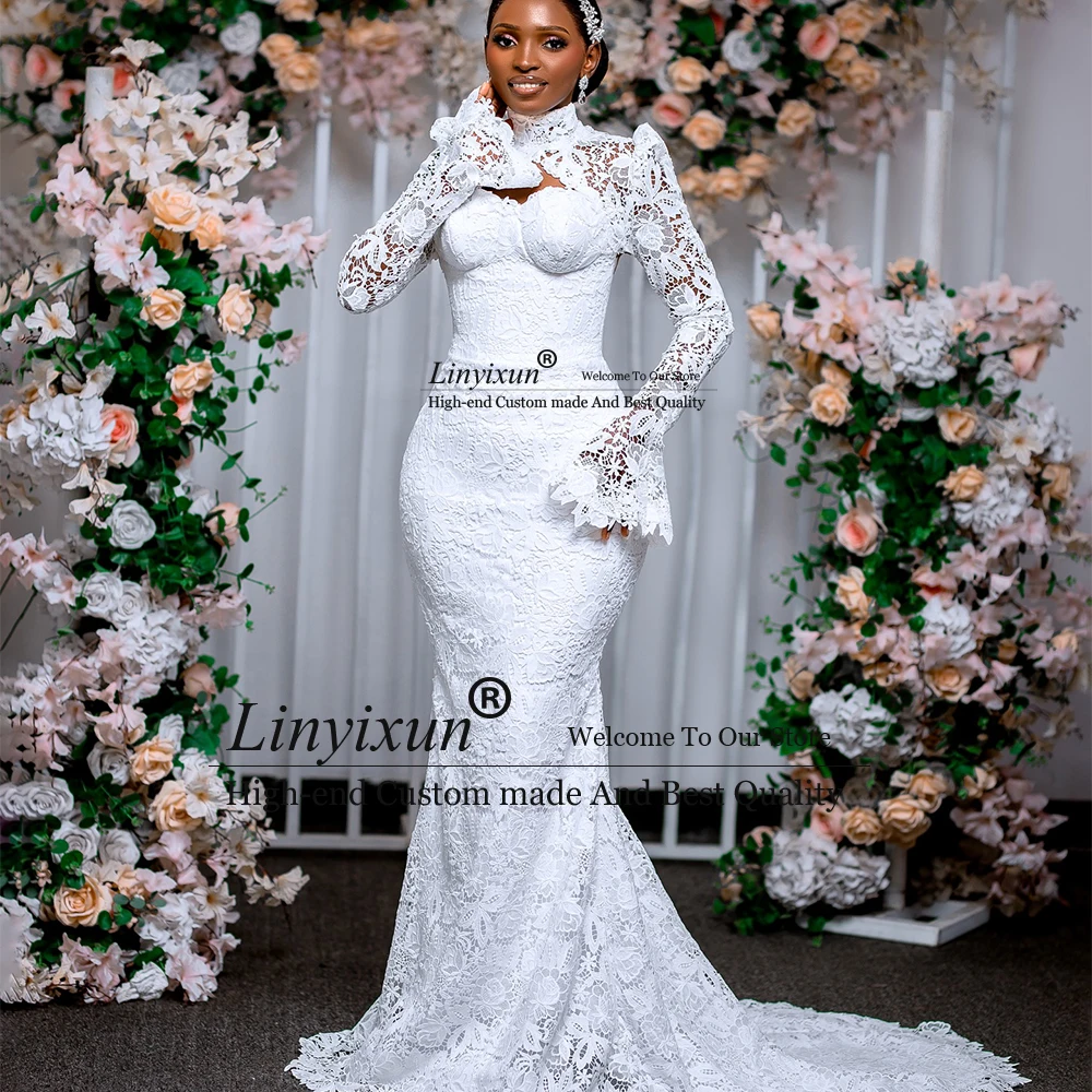 Elegante kanten appliqué trouwjurk 2025, Aso Ebi lange mouwen zeemeermin bruidsjurken voor bruid, op maat gemaakte فسات dh soi soi