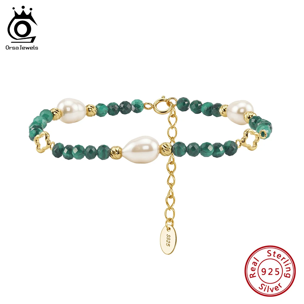 

ORSA JEWELS Malachite Black Tourmaline Lapis Lazuli Natural Stone 3MM Beaded Bracelet 925 Pure Silver Pearl Fine Jewelry MPB18