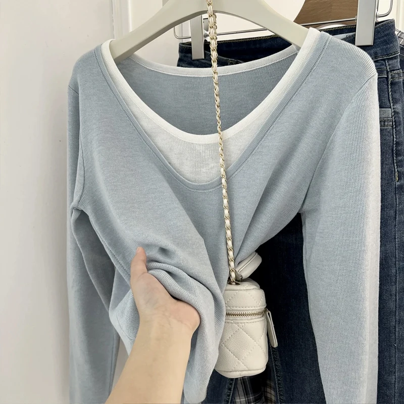 

Spring Autumn New Women's V-neck Pullover Fashion Splicing Fake Two Piece Sweater Thin Edition Precision Imitation Knitted Tops