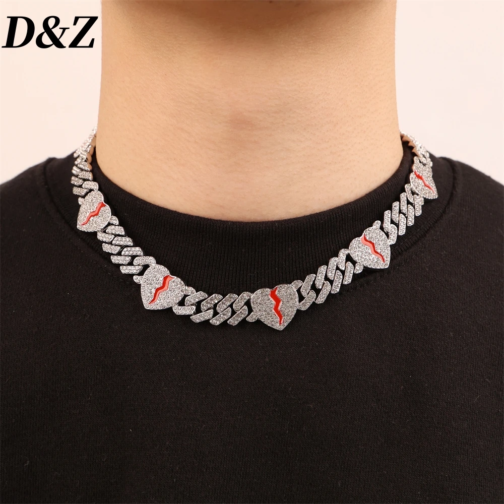 D&Z Hip Pop 18MM Broken Heart Cuban Chains Necklace Bracelet For Men Women Bling Iced Out Cubic Zirconia Rapper Party Jewelry