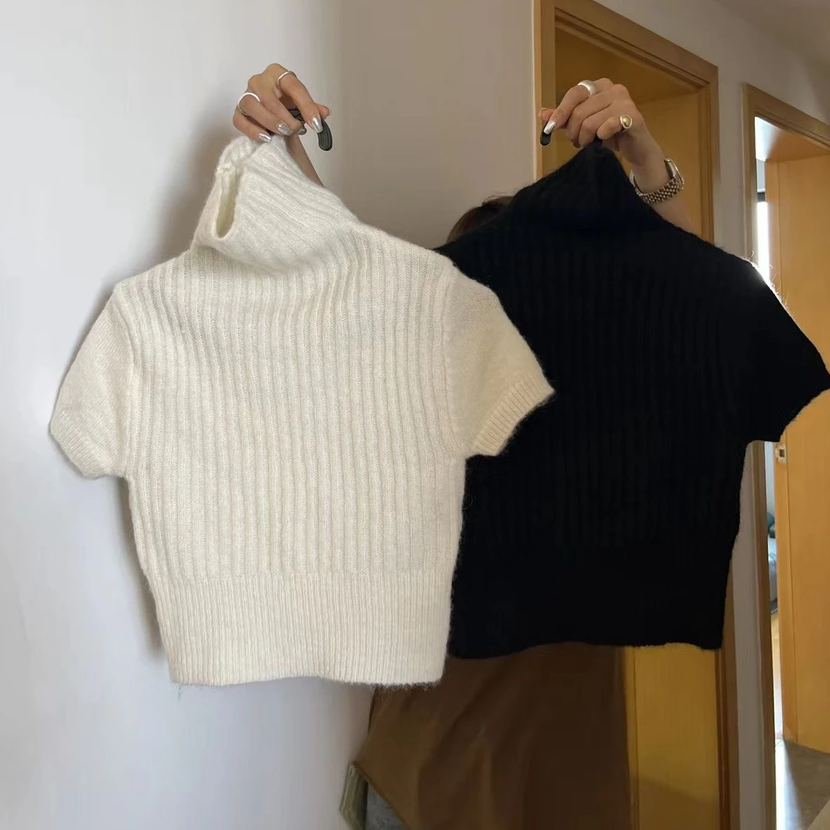 T-shirt lavorate a maglia donna Vintage primavera Y2k High Street Slim Fashion Crop top All-match Chic dolcevita accoglienti magliette a maniche