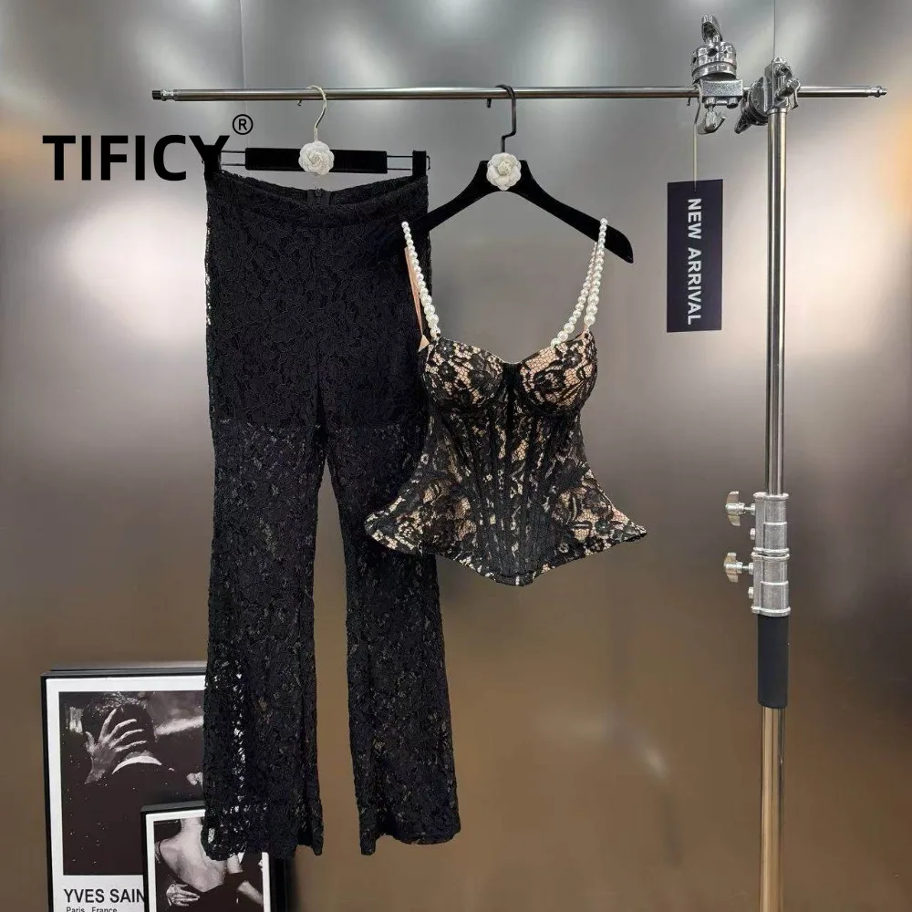 

High Street Pant Two Pcs Set Women's Pearl Shoulder Strap Lace Hollow Out Canopy Strap Paired Pants Slim Fit and Slimming Set