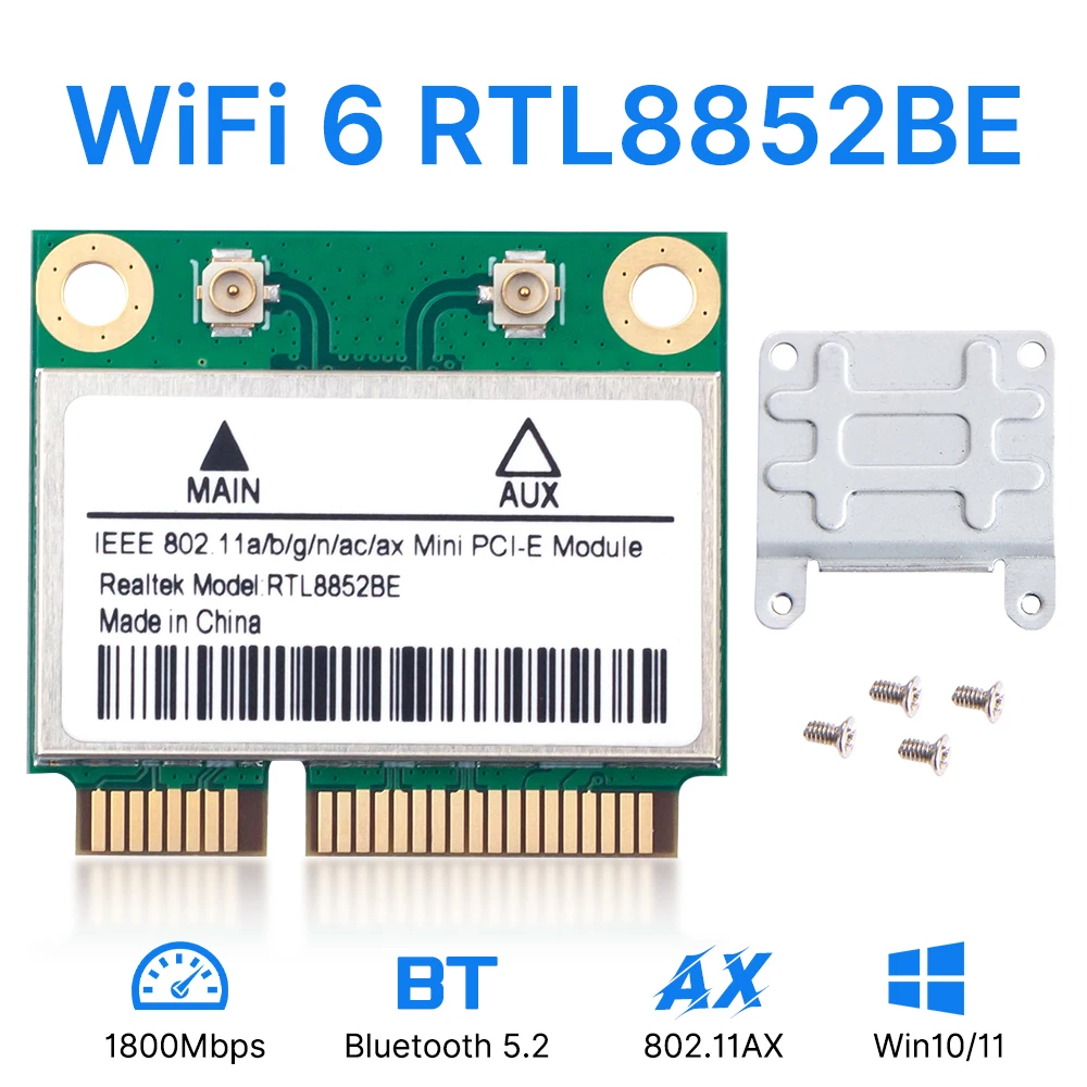 

WiFi 6 RTL8852BE BT 5.2 802.11AX 1800 Мбит/с Сетевая карта Mini PCI-E двухдиапазонный беспроводной Wi-Fi адаптер 2,4G/5 ГГц для Win 10/11