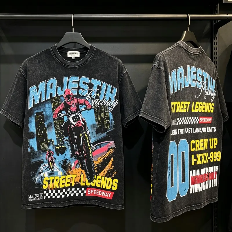 MAJESTIK Tshirts Urban Racing Motorcycle Retro Distressed Faded Print Rhinestone Letter Men Women Black Worn Out Short Sleeve