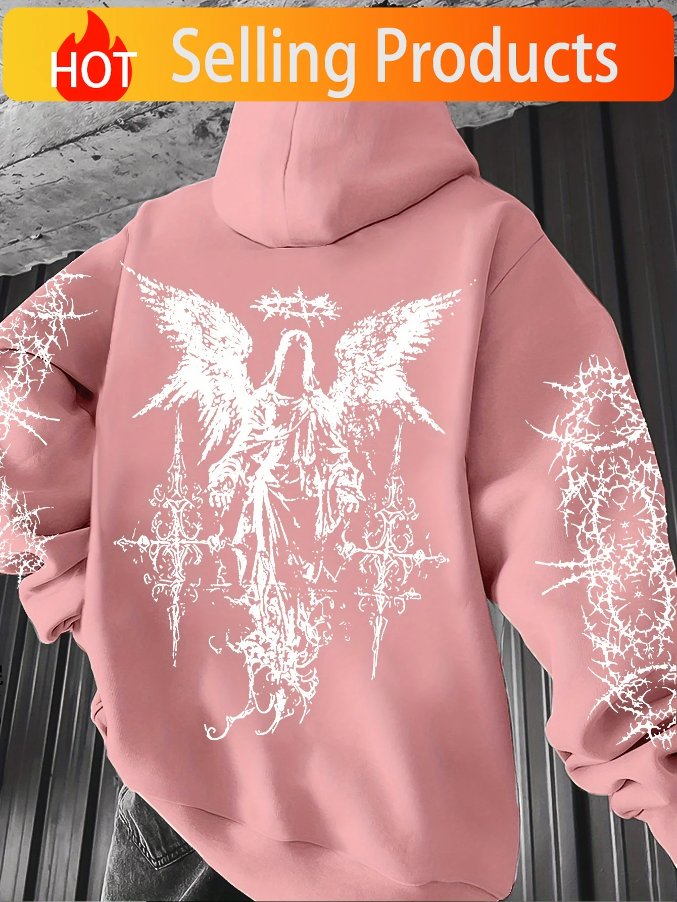 Sudadera con Capucha para Hombre, Estilo Hip-Hop Punk, Estampado de Espinas y Grafiti Angel Element, Corte Regular, Color Sólido