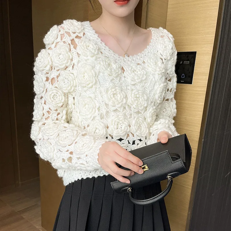 2023 New Autumn Winter Sweaters Hollow Crochet Rose Flower Long Sleeve Short Single Breasted Short Coat Simple Cardigan Knitwear