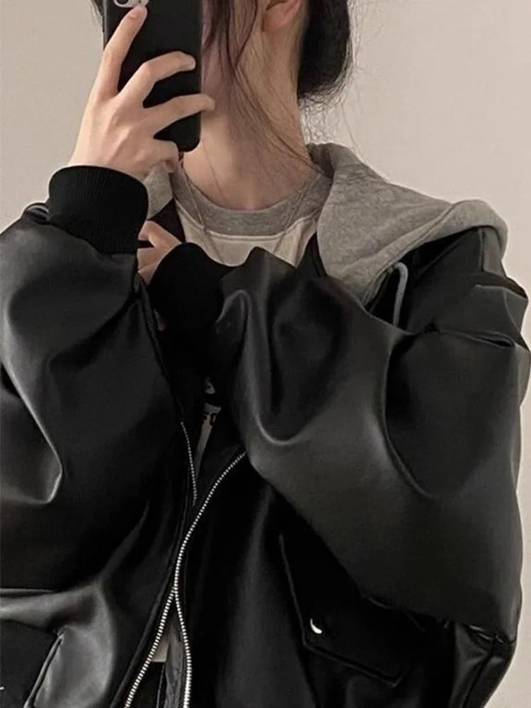 Retro chique casual duplo ket abotoado solto ajuste falso de duas peças com capuz jaqueta de couro para mulher corte reto longo sve