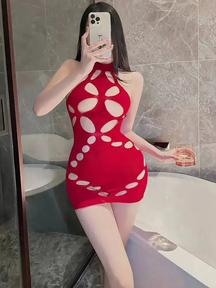 섹시 란제리 2025 신상 여성 섹시 나이트가운 순수한 욕망 레드 홀터넥 바디콘 드레스 우아한 메쉬 드레스 U520