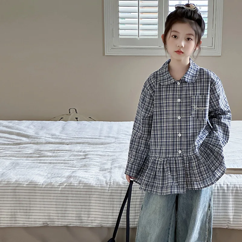 

Shirt Plaid Ruffled Blouse Grils Children New Fashionable Korean Loose Casual Autumn Sweet Cute Long Sleeves Lapel