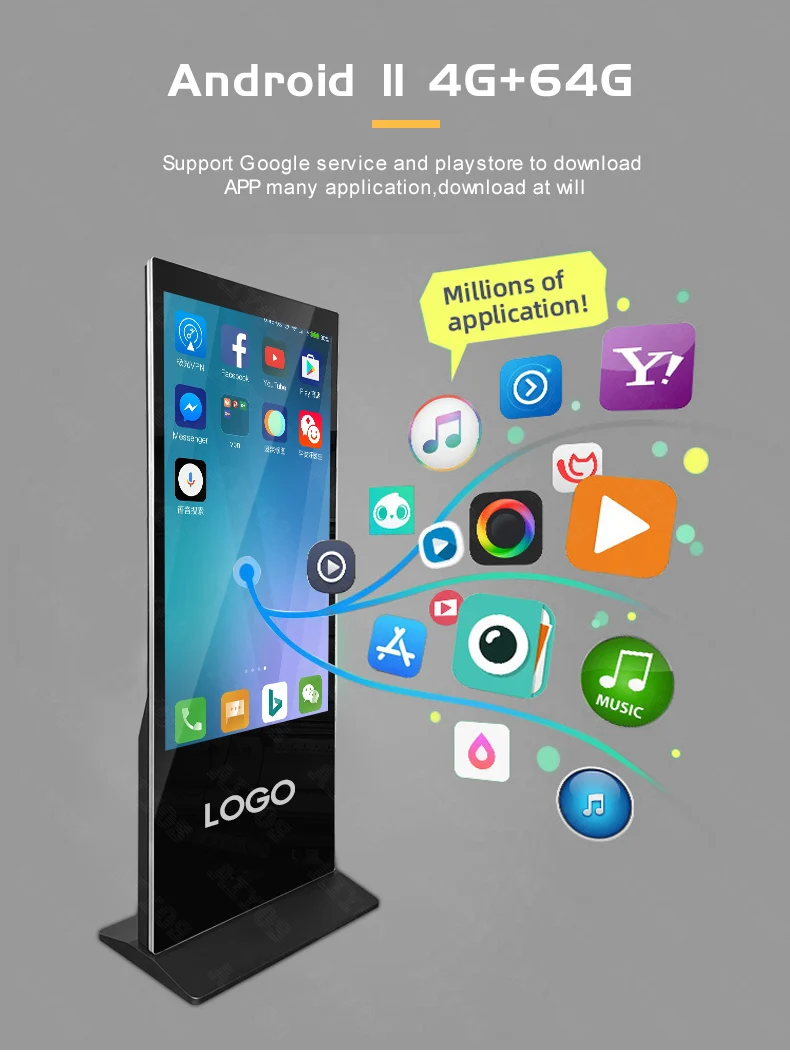 Aiyos AD Media Player 43-65 Inch Floor Standing Android Touch Screen Digital Panel Signage Kiosk LCD Advertising Display Monitor