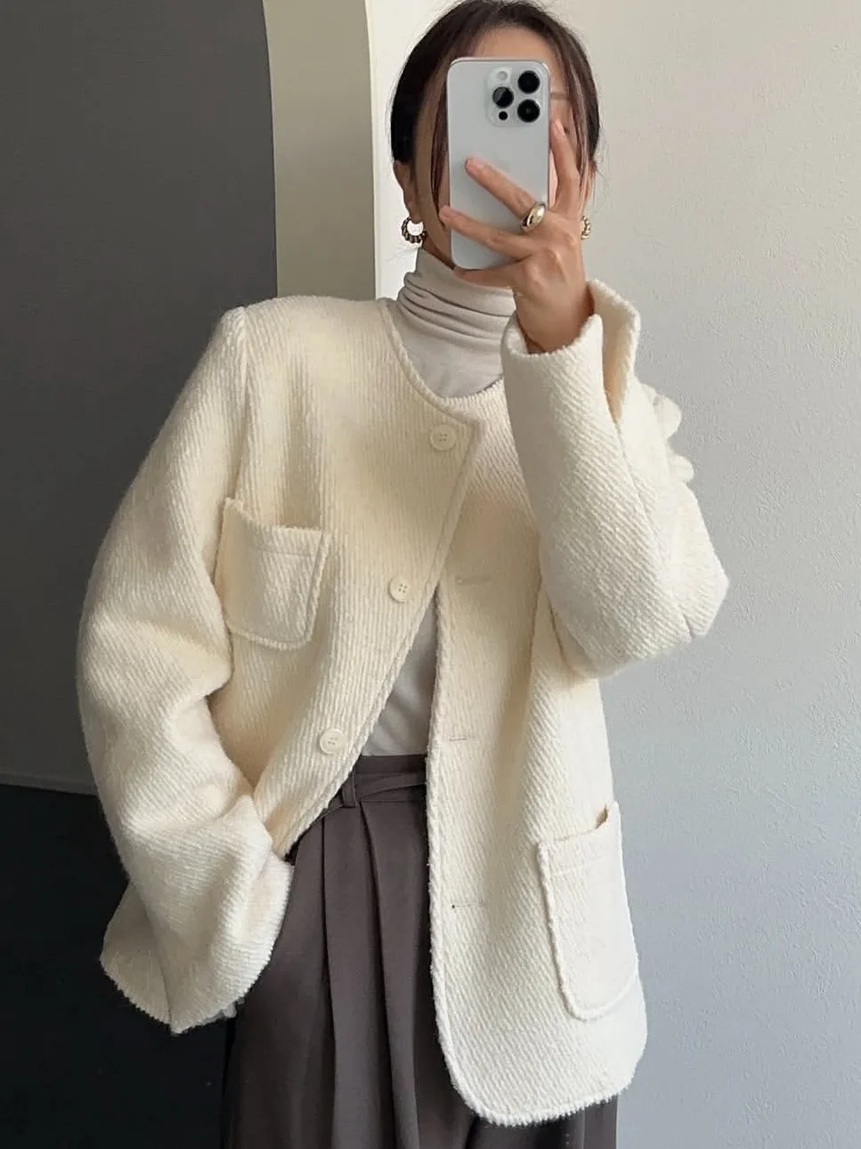 

Ele Korean Sle Woolen Coat Women's Faion Autumn Winter Single Button Versatile Age-Defng Outerwear