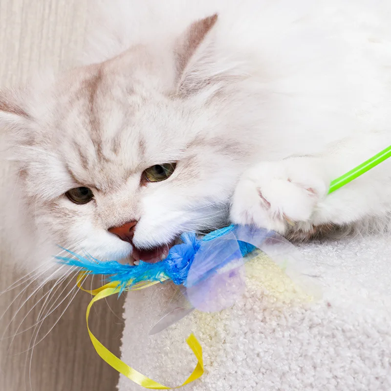 OUZEY-Feather Sequins Interactive Cat Toy, Adjustable Plush Ball, Stick Toy for Kitten, Indoor Playing, Cat Supplies