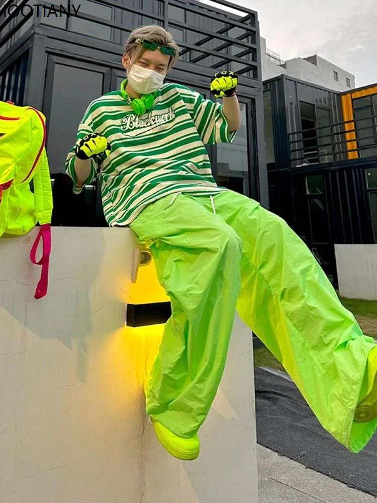 Oversized Y2k Green Dopamine Workwear Parachute Pants Men's Fashion Casual Trousers Men Loose Street Hip-hop Sports Korean Wave
