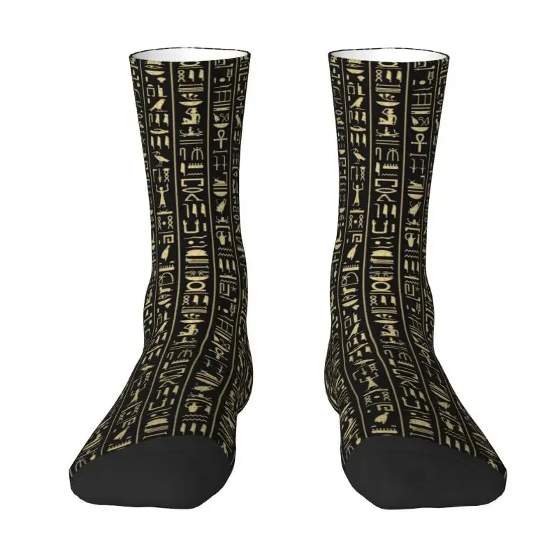 Fashion Printed Black Gold Hieroglyphics Socks for Men Women Stretch Summer Autumn Winter Ancient Egypt Culture Crew Socks