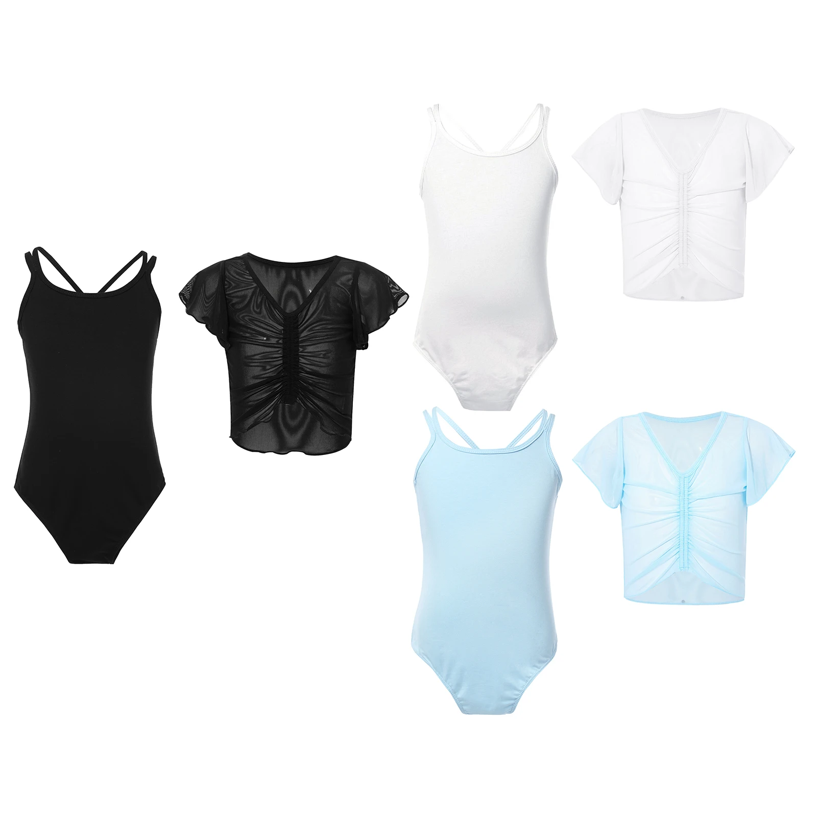 Roupa de ginástica para dança lírica infantil, collant de balé com decote em v, mangas com babados, top curto de malha transparente para patinação artística