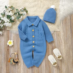 Newborn Baby Romper Knitted Infant Boy Jumpsuit Outfit Long Sleeve Autumn Girl Kid Clothes Hat 2PCS Overalls 0-18M Fashion Solid