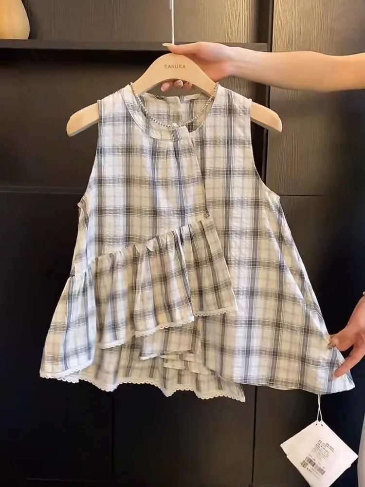 Été mince Plaid irt femmes Svel rond Ne gilet haut Faionable Agel coréen Sle trajet vent coupe ample ort...