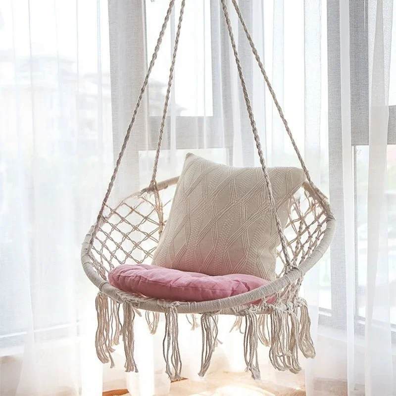 Outdoor balcony swing chair, fringed cotton rope swing chair