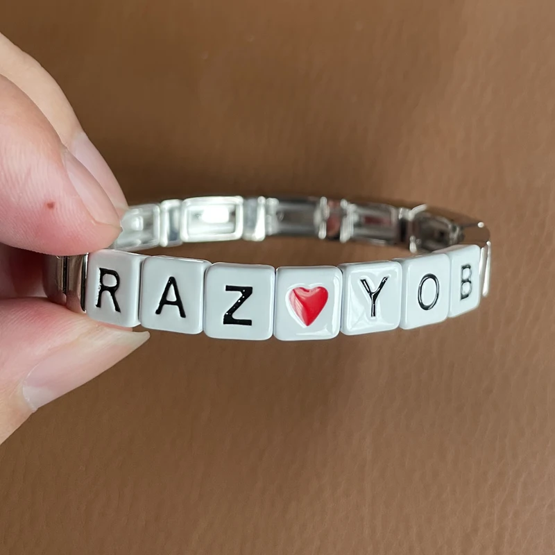 Silver Plated Russian Culture Words RAZ YOB Customs Letter Square Beads Metal Bracelet Jewelry Enamel Women Gift Bangle New DIY