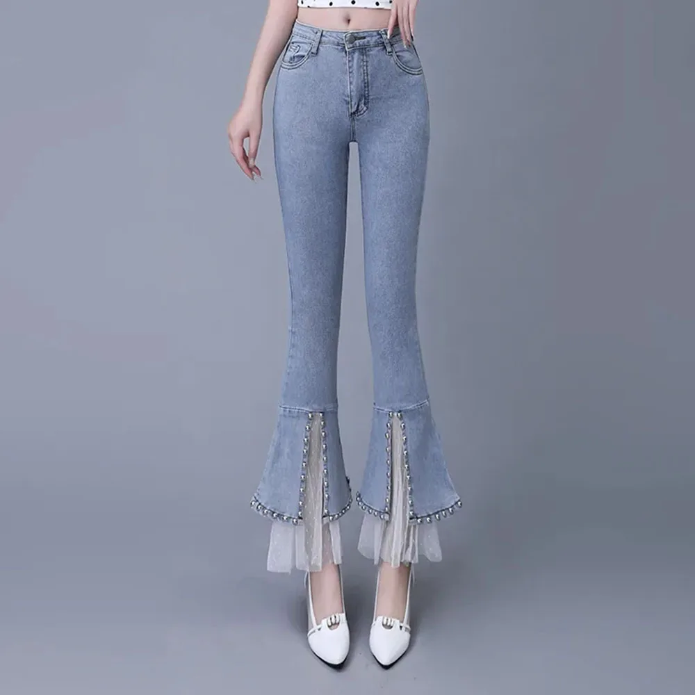 Spring Autumn New High Waist Denim Pants Women Fashion Trumpet Trousers Female Slim Stretch Split Rivet Lace Jeans Woman Trend