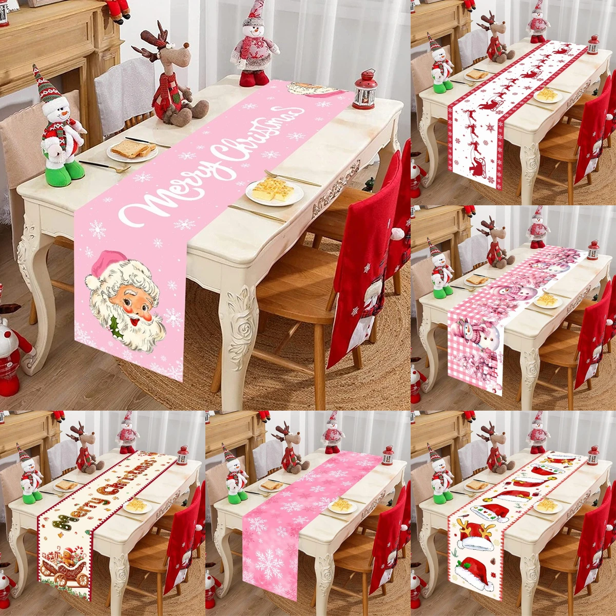 Pink Merry Christmas Santa Claus Table Runner Christmas Decoration for Home 2025 Kitchen Dining Table Decor Natal Navidad Gifts