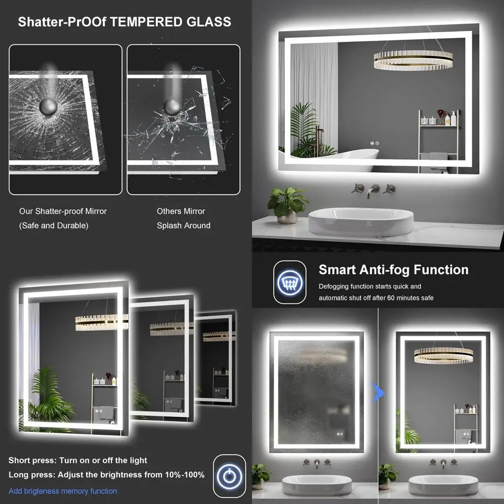 

Зеркало для ванной с LED-подсветкой 40x28 дюймов, с функцией антизапотевания, 3-цветной регулируемой подсветкой и функцией памяти