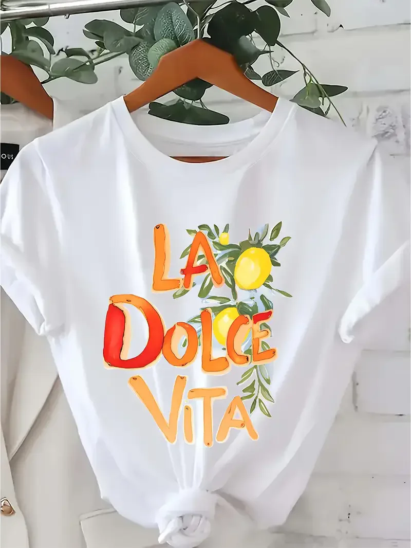 

Women's Clothing, Harajuku Graphic T-shirt, Women's Clothing Top Personality La Dolce Vita Lemon Print Short-sleeved T-shirt
