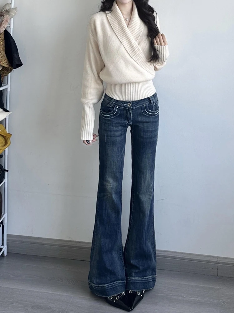 

Retro American Washed Low Waist Bell Bottom Jeans Women's Slim Fit Elastic Slimming Straight Leg Long Pants Spring New Style