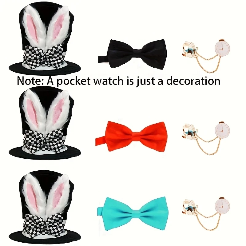 3pcs Set Easter Bunny Costume Plush White Rabbit Top Hat Pocket Watch, Bow Tie for Easter, Halloween Christmas Dress-Up Parties view 4