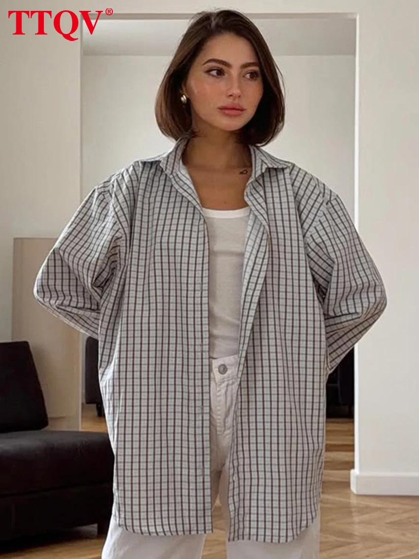 TTQV Fashion Loose Plaid Print Women's Blouse 2027 Spring Lapel Long Sleeve Lady Shirt Elegant Classic Top Female Clothing