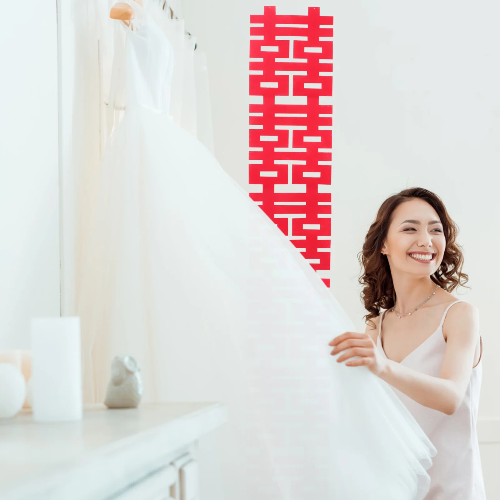 زينة الزفاف الصينية الأحمر ورأى Xi شخصية راية الزفاف التقليدية صورة خلفية الباب الجدار الشنق الدعائم الطرف