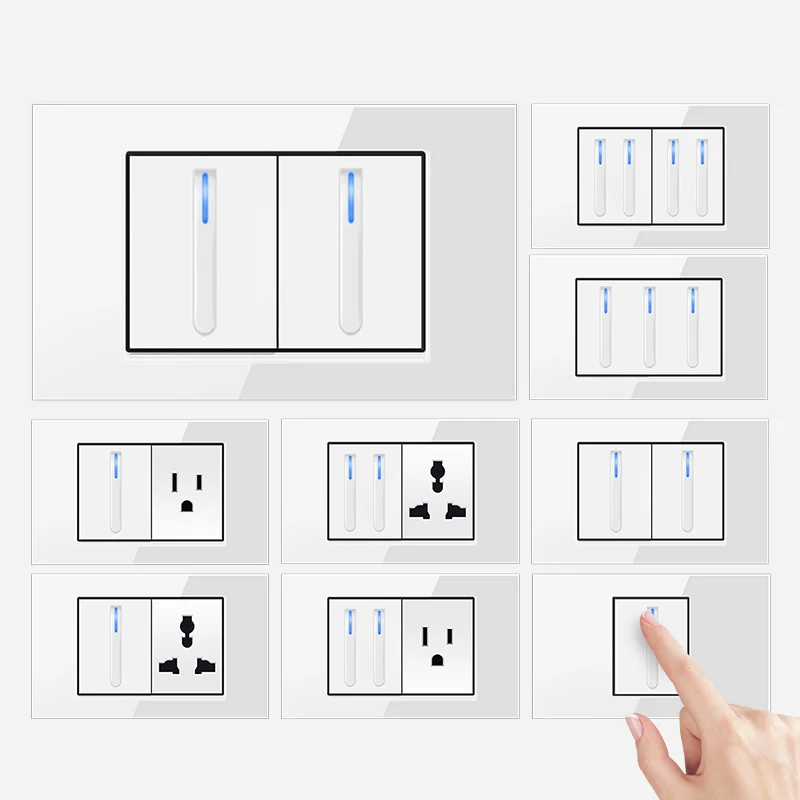 

ELEGAN Model 118 Reset Piano Key White Tempered Glass USA Mexico Universal Socket Wall Light Button Switch Socket LED Indicator
