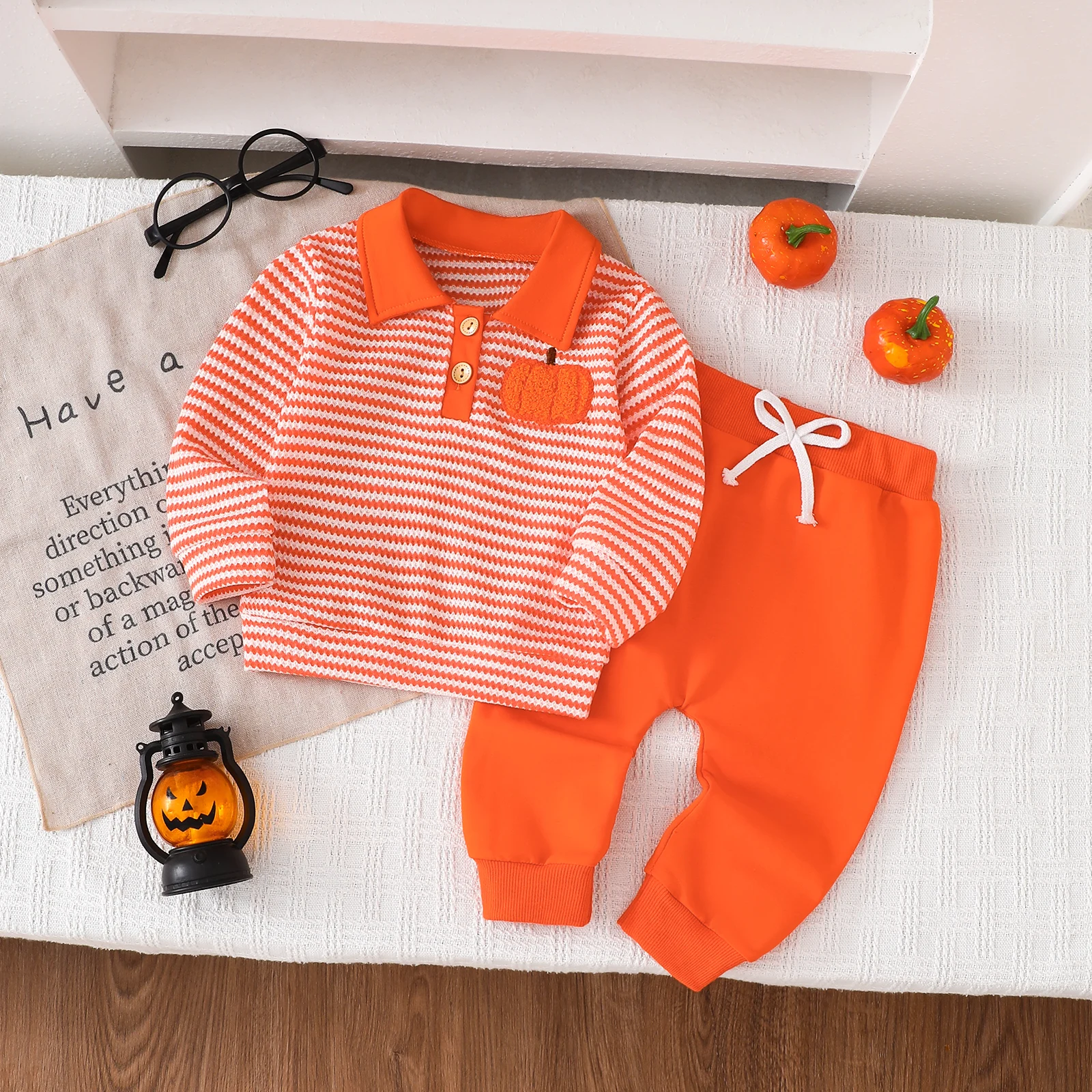 Unisex Fall/Winter Baby Outfit: Orange Pumpkin-Embroidered Long-Sleeve T-Shirt and Black Pants Two-Piece Set for Halloween