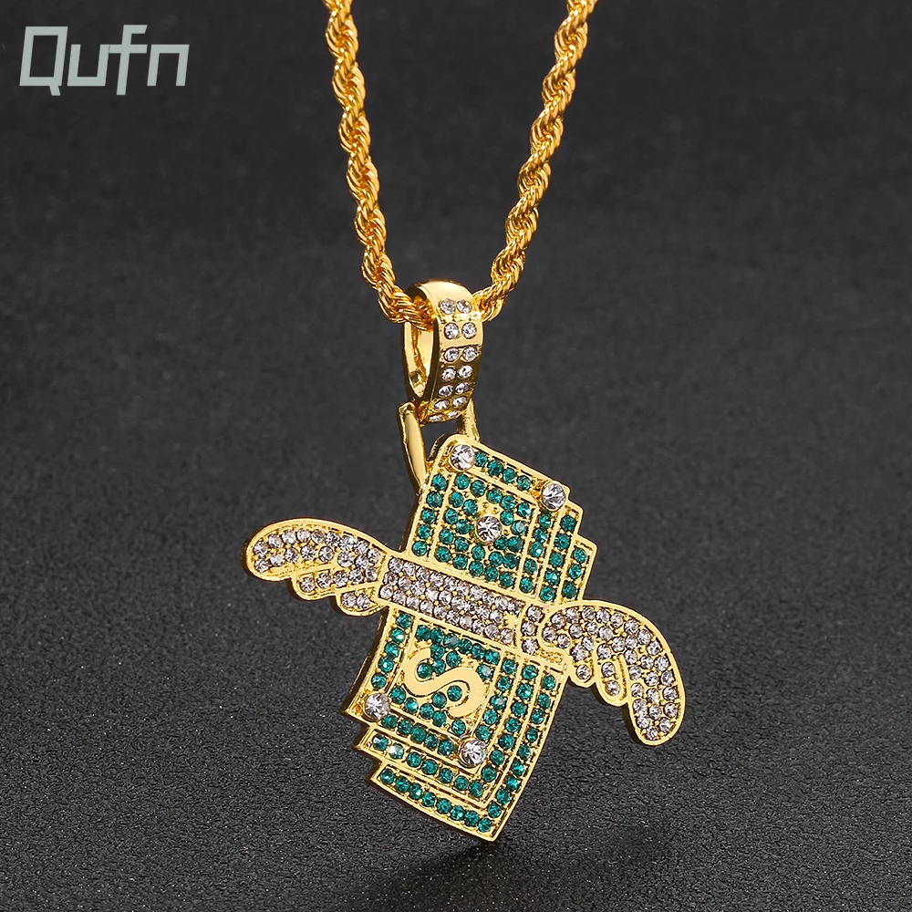 Hip Hop Green CZ Cubic Zirconia Pave Bling Iced Out Flying Dollar Money Pendants Necklace for Men Rapper Jewelry Accessories