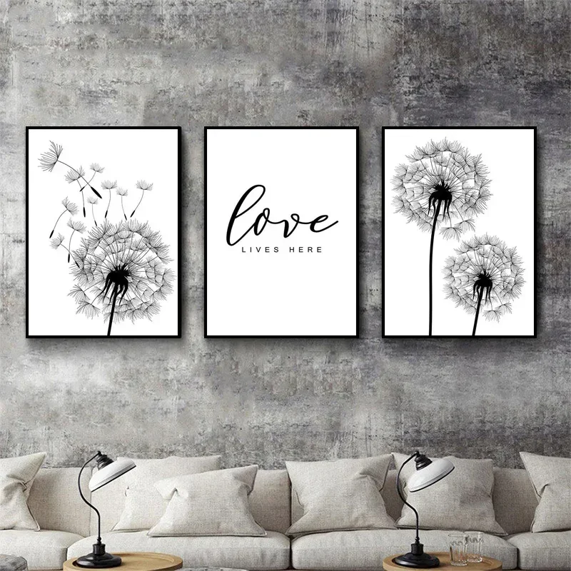1pc frameless Canvas Painting Nordic Minimalist Black And White Dandelion Blooming Flower Modern Canvas Prints Wall Art Picture
