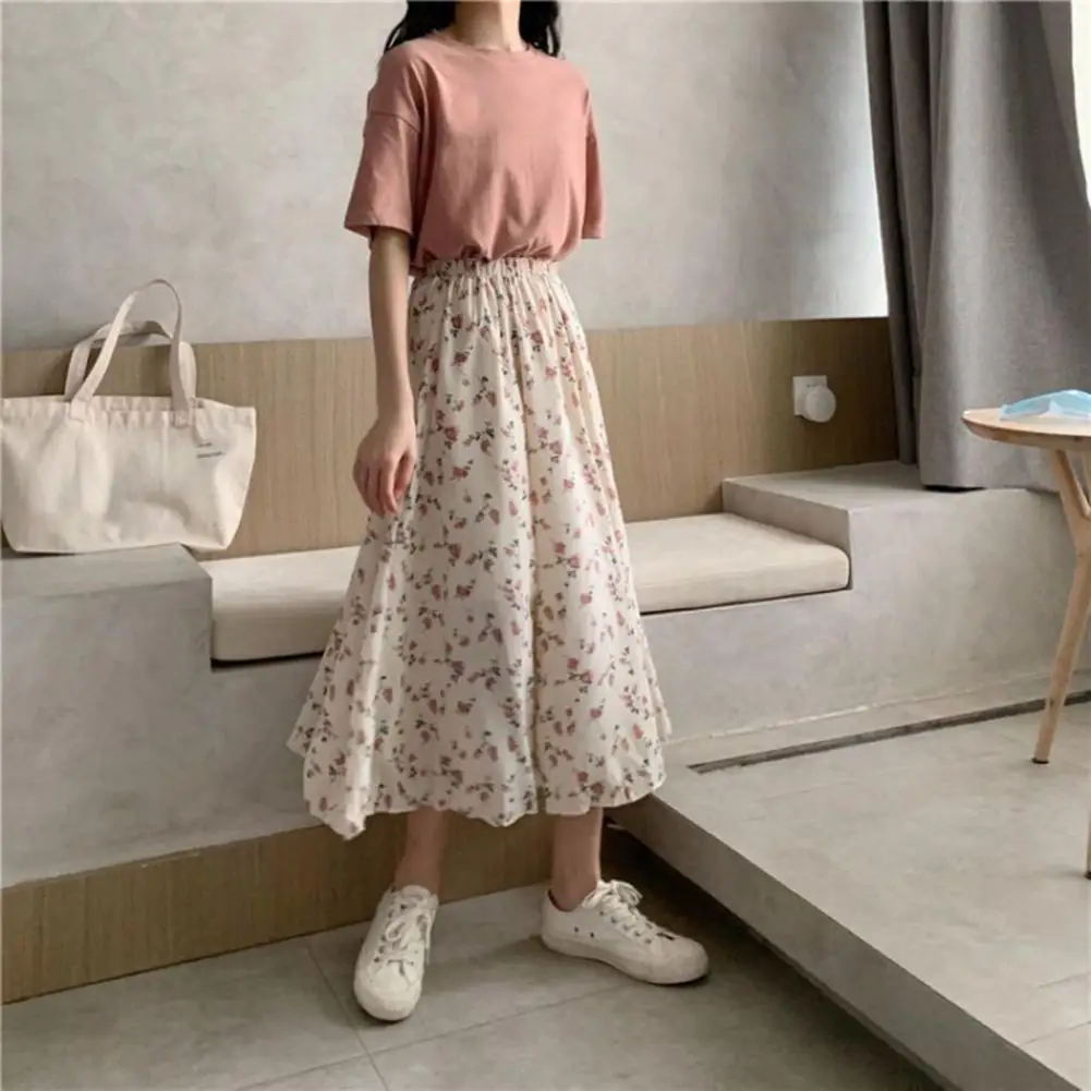 Women Floral Skirt Floral Print A-line Maxi Skirt Stylish Mid-rise Women's Summer Forest Style Long Skirt for Daily Wear Small