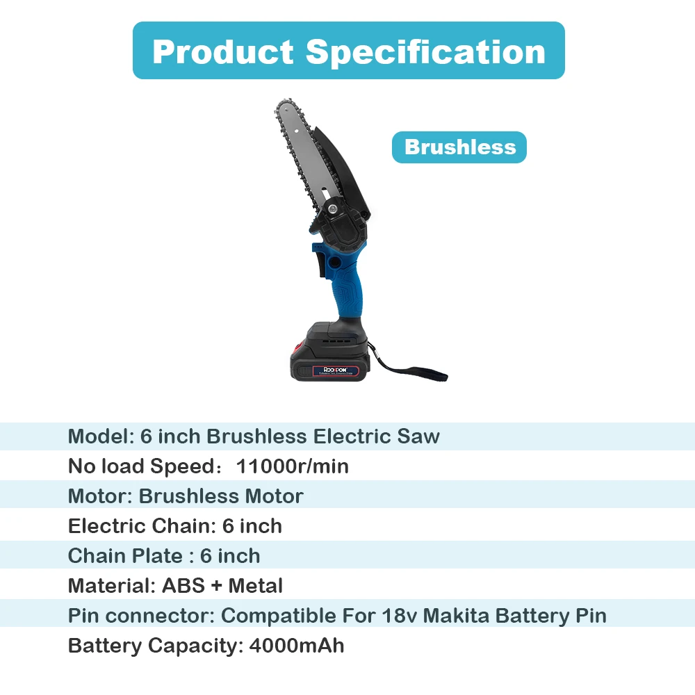 6 Inch Brushless Electric Chain Saw 21V Cordless Chainsaw with 1/2 Battery Rechargeable Woodworking Tool for Makita 18V Battery