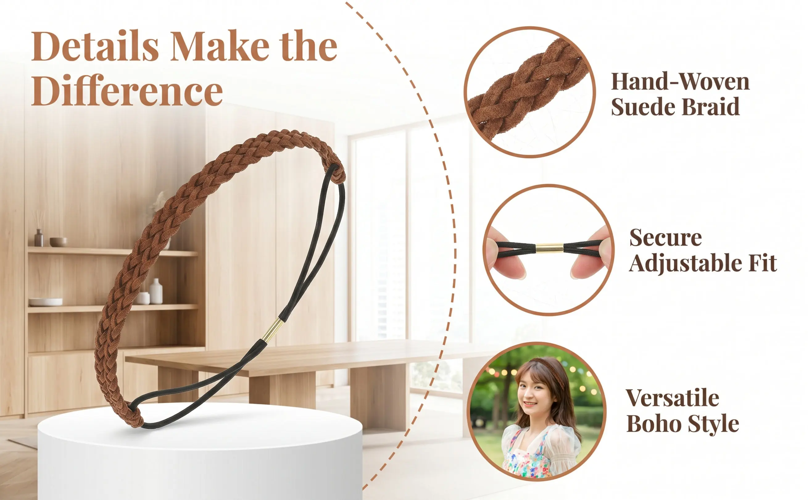 Candy Color Braid Headband Handwoven Double Layer Braided Hair Band Adjustable Strap for Wedding Party Office Casual Hair
