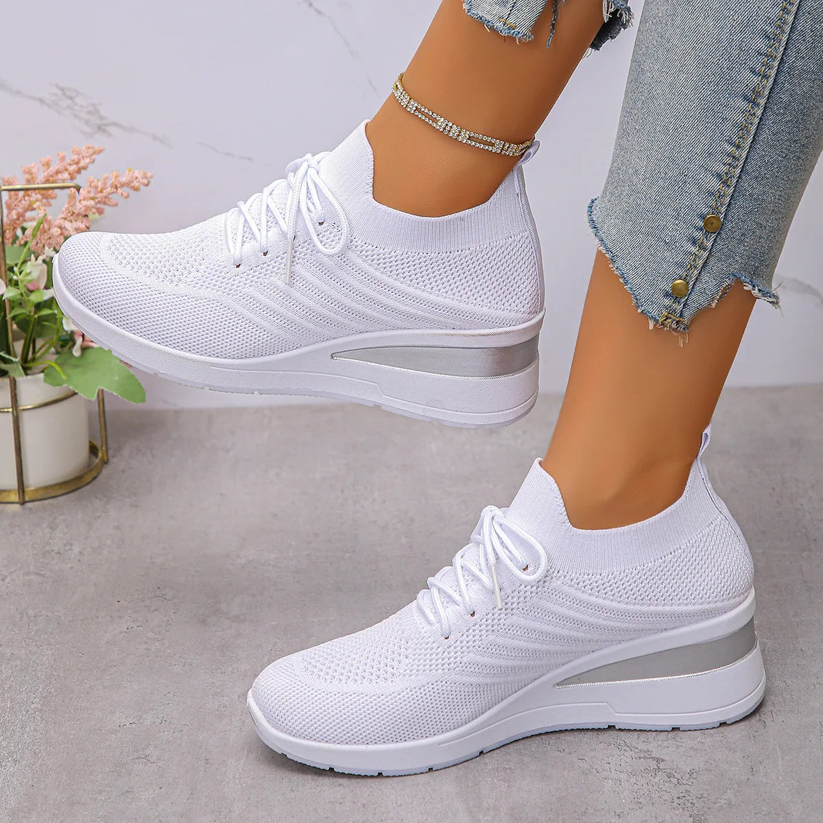 Women's Versatile Thick-Soled Wedge Heel Woven Mesh Shoes Breathable Anti-Slip Casual Sports Shoes