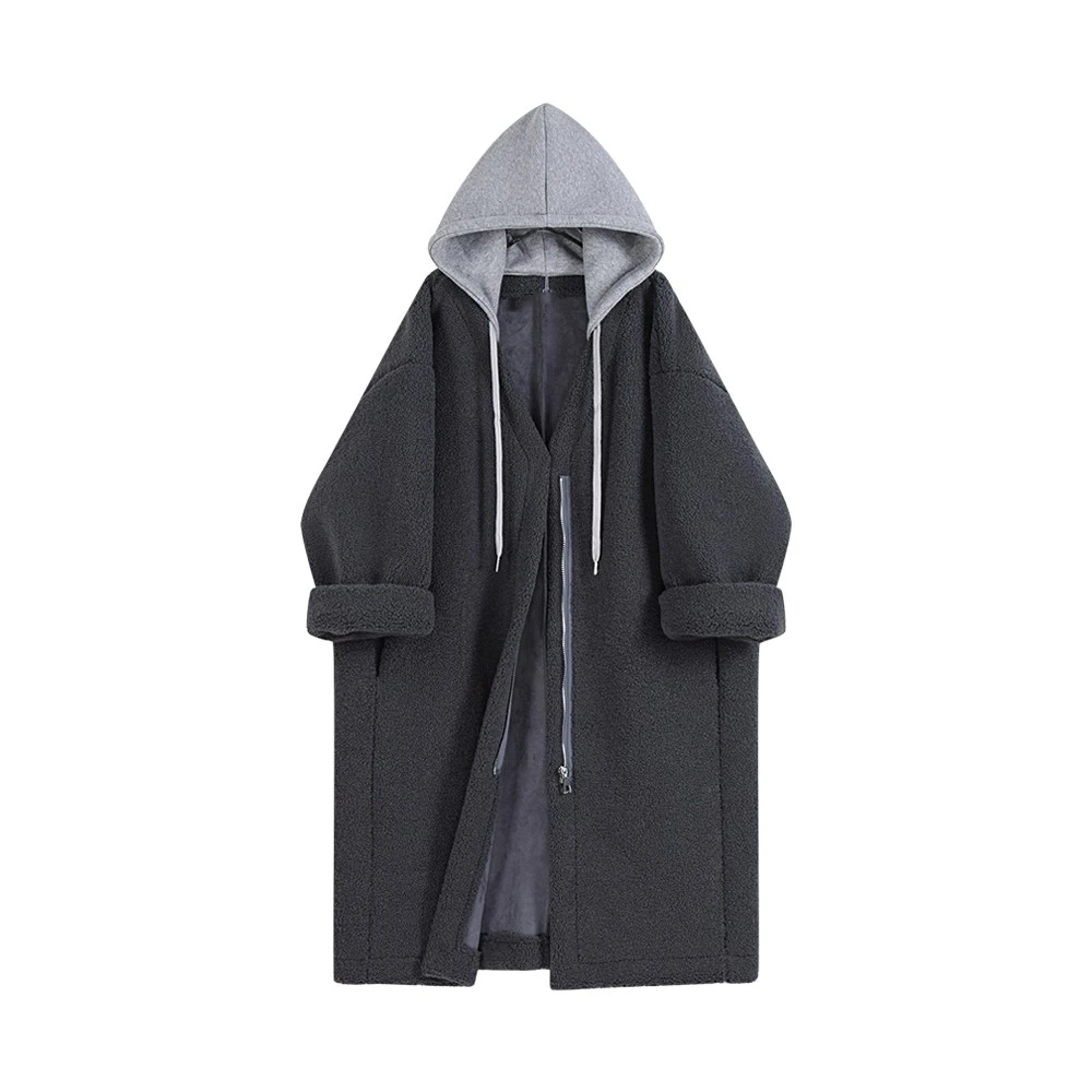 

SuperAen New Winter Wool Long Coat for Women Korean Style Patchwork Hooded Oversize Simple Long-sleeved Casual Coats