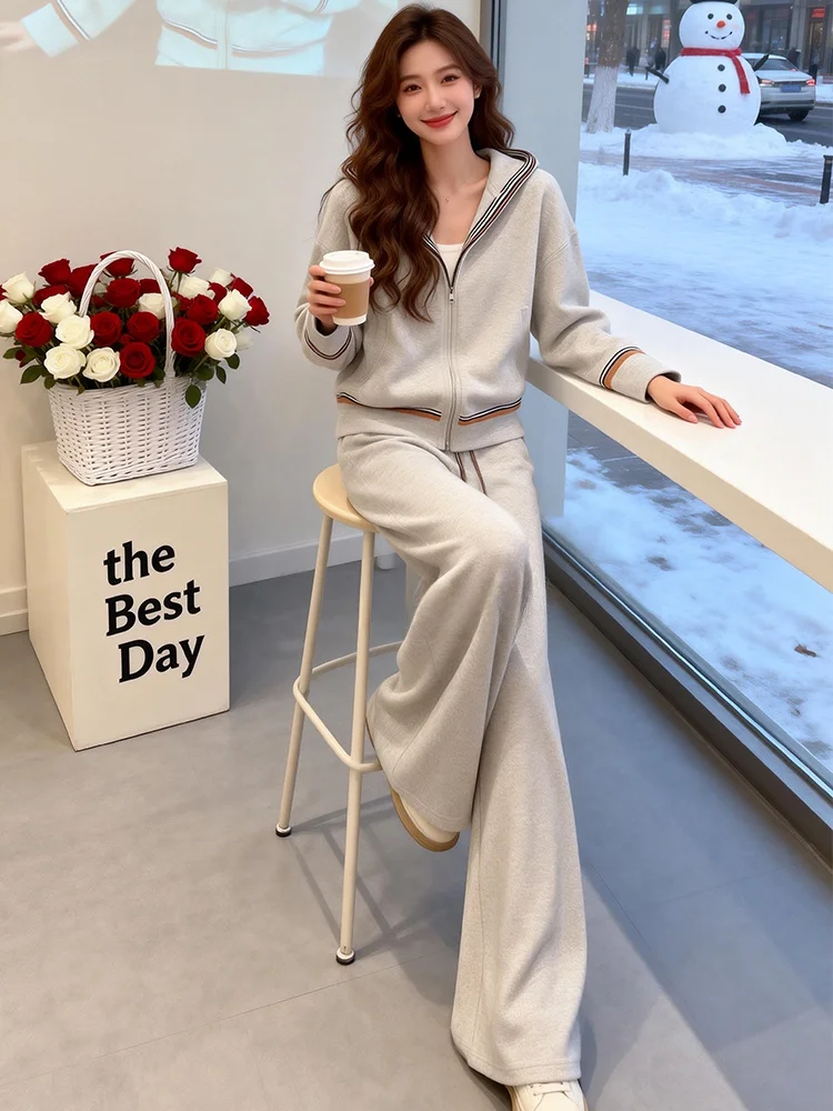 

Fashionable Casual Women's Set Spring New Long Sleeve Hoodie Jacket Wide Leg Pants Slimming Two Piece Set High Waist Pants