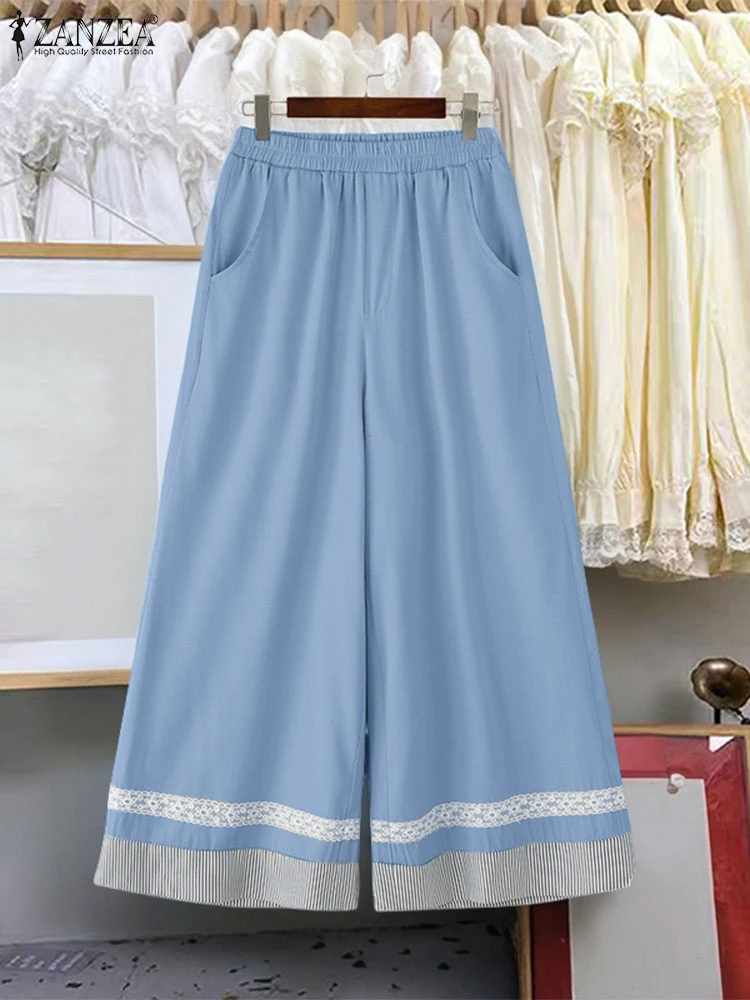 

ZANZEA Women Summer Pants Fashion High Waist Wide Leg Trouser 2025 Vintage Elastic Waist Pantalons Femme Striped Patchwork Pants