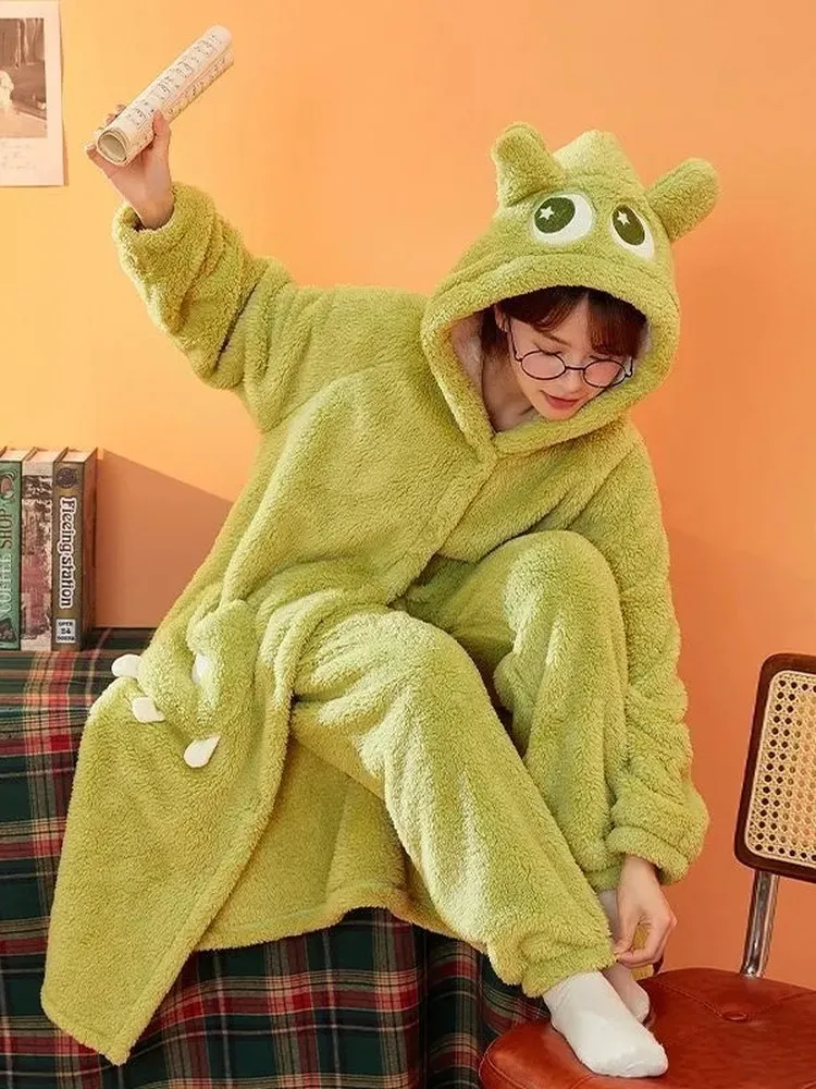 thickened-fleece-warm-sleepwear-pantsuit-with-hat-winter-home-clothes-unisex-cute-cartoon-green-monster-design-polyester-fiber