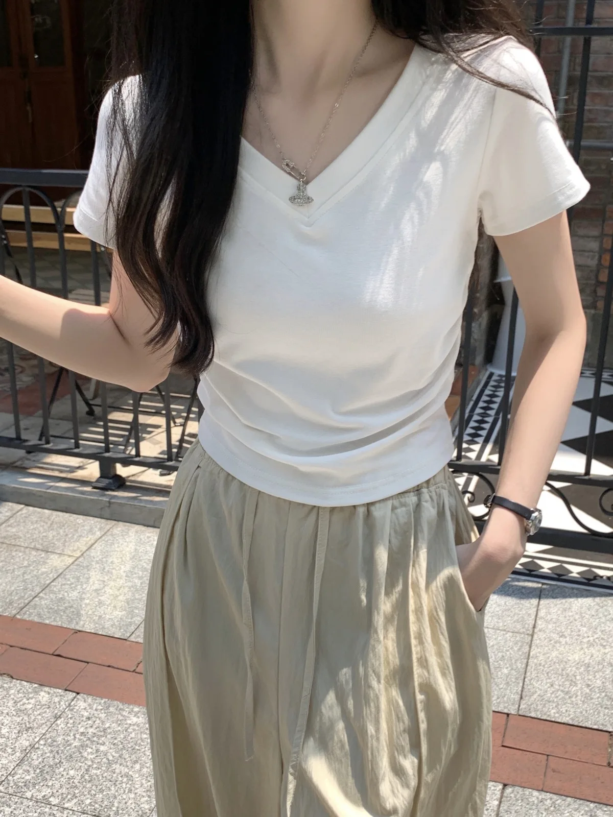 New Women Summer V-Neck Casual Short Sleeve T-Shirt Slim Fit T-Shirt Student Girl Casual Short Top Lady Slim Short Sleeve Street