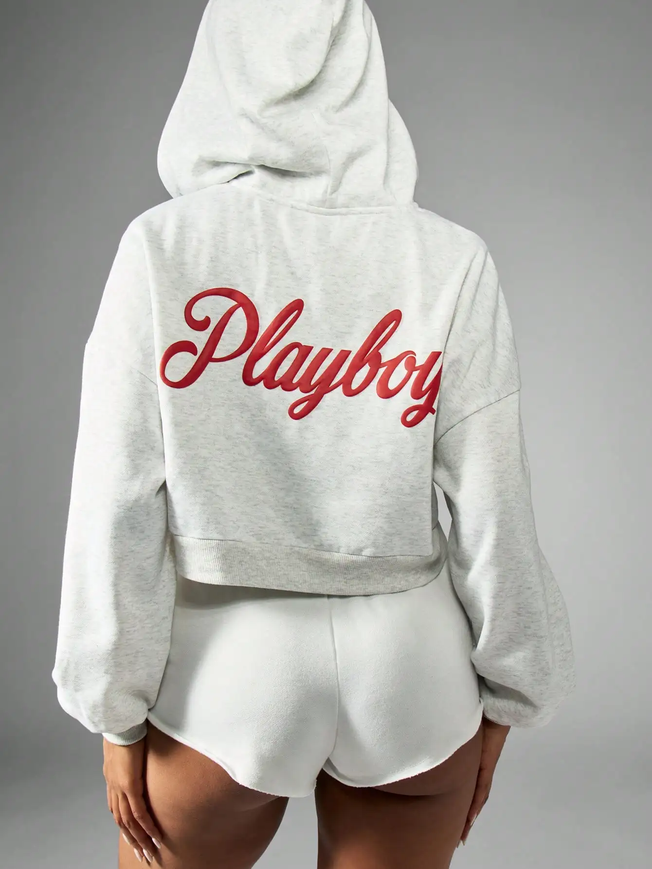 

Cropped Zip-Up Hoodie with Bold Script Print, Loose Fit, Long Sleeve, Autumn Winter Streetwear