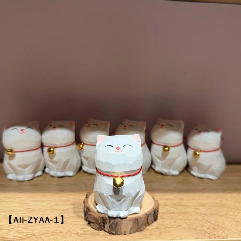 【A】1Pcs White Cat Decorative Statue Handcraved Wooden Animal Figurine Desktop Home Office Decor Gift For Cat Lovers