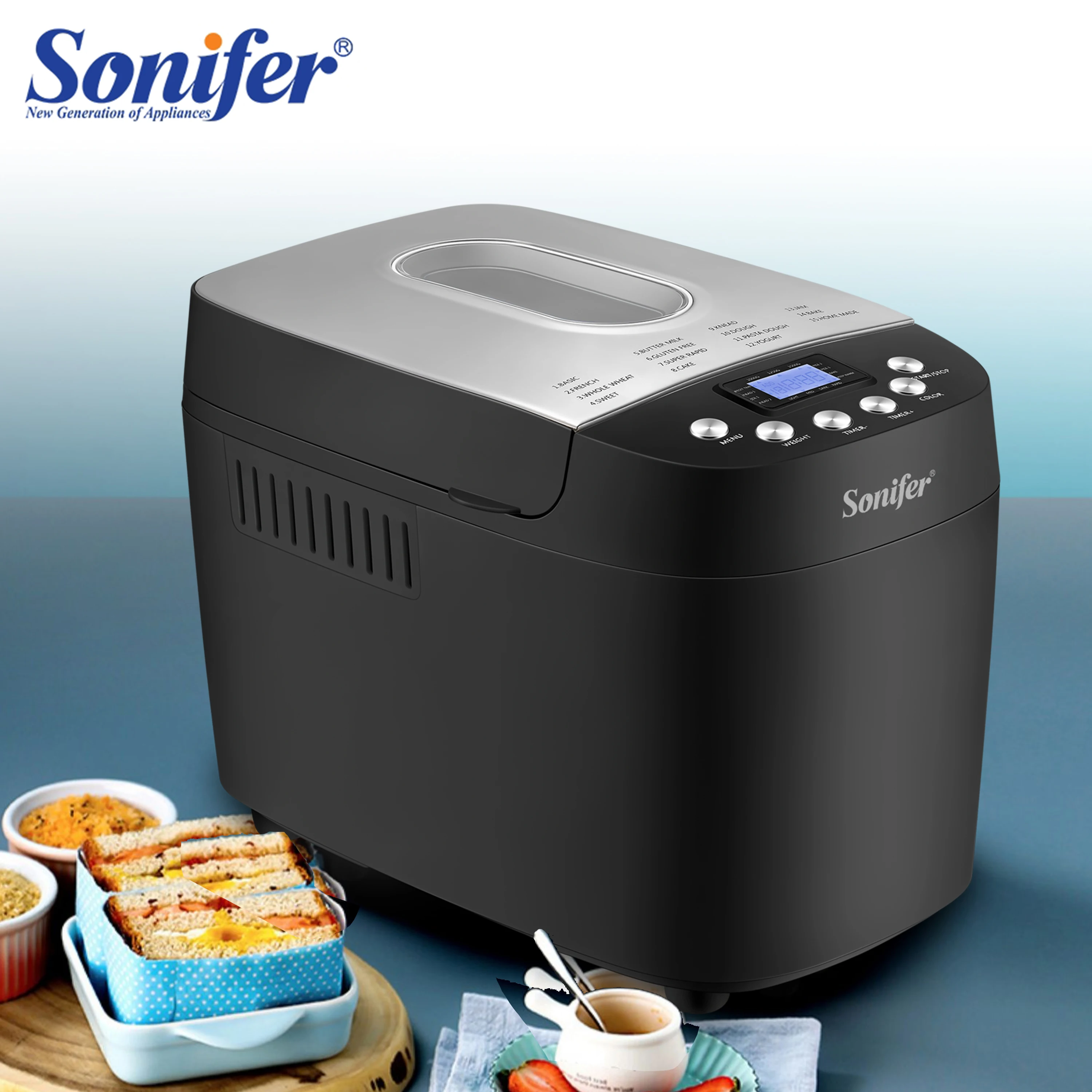 1.5kg Automatic Bread Machine 850w Programmable Bread Maker 15-hour Pre-set Timer Control Panel With Lcd Display Sonifer