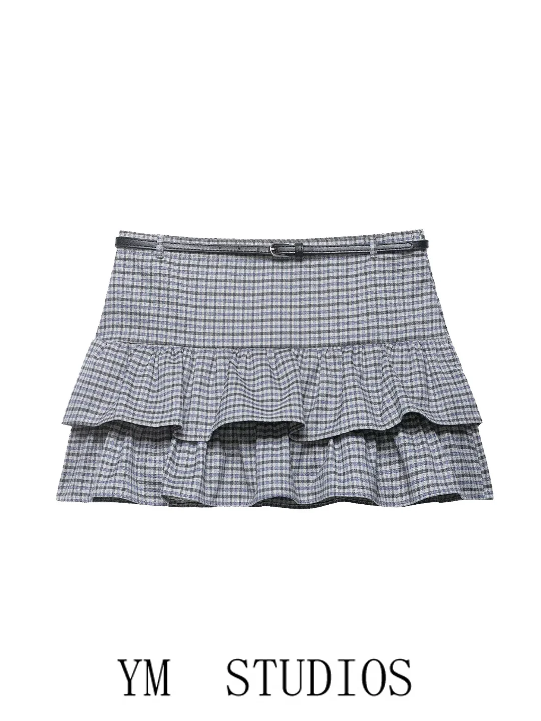Low Waist A-Line  Skirt with Pleated  And Belt College Style Women's Fashion Polyester Fiber Anti-Wrinkle Processing
