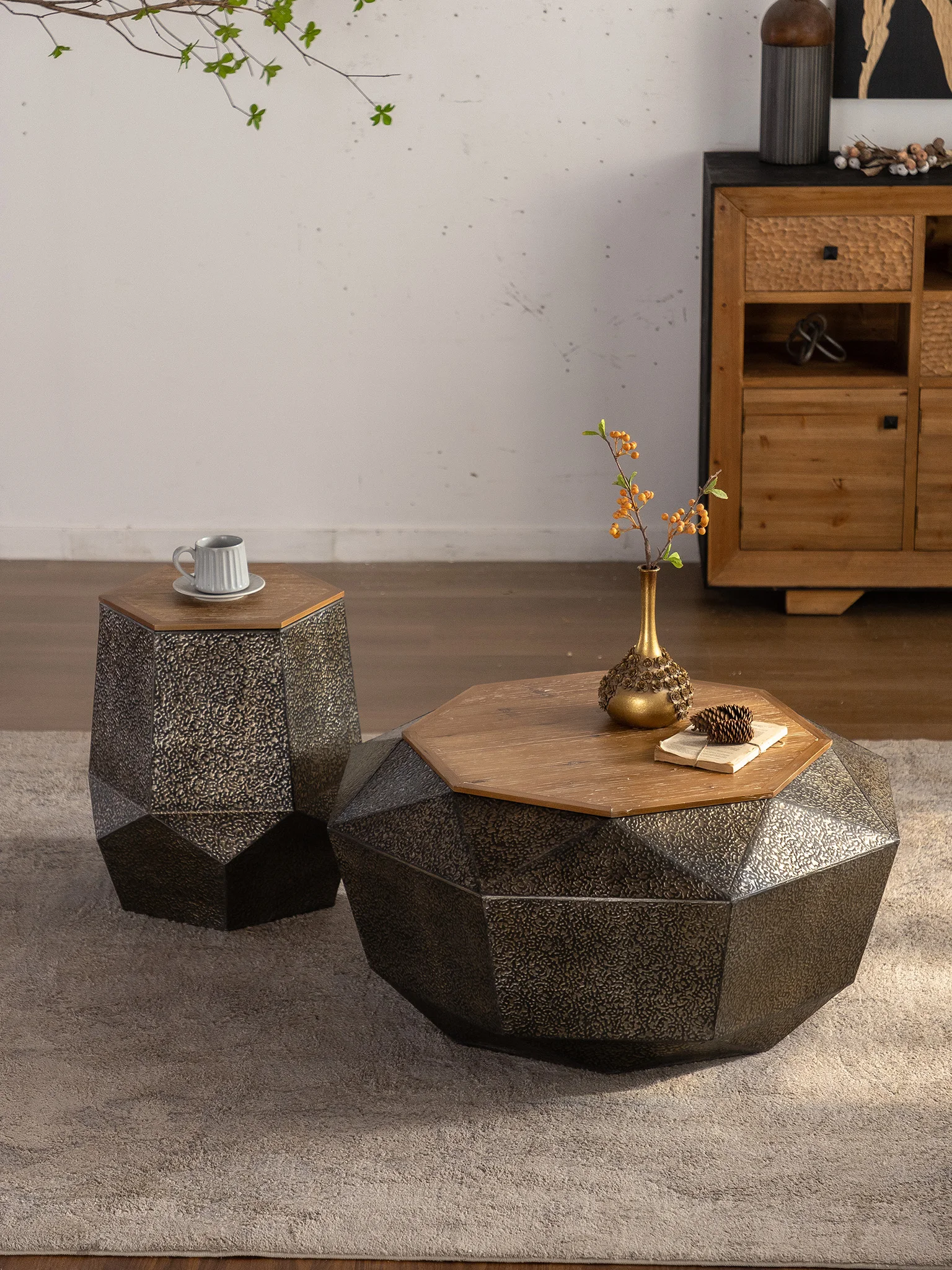 Creative Geometric Design Dark Rock End Table with Storage Hammered Iron Wood Tabletop