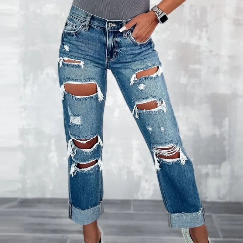 

Wepbel Y2K Leisure Ripped Jeans Women High Waist Straight-Leg Pants Street Style Jeans Trousers Hole Streetwear Denim Pants